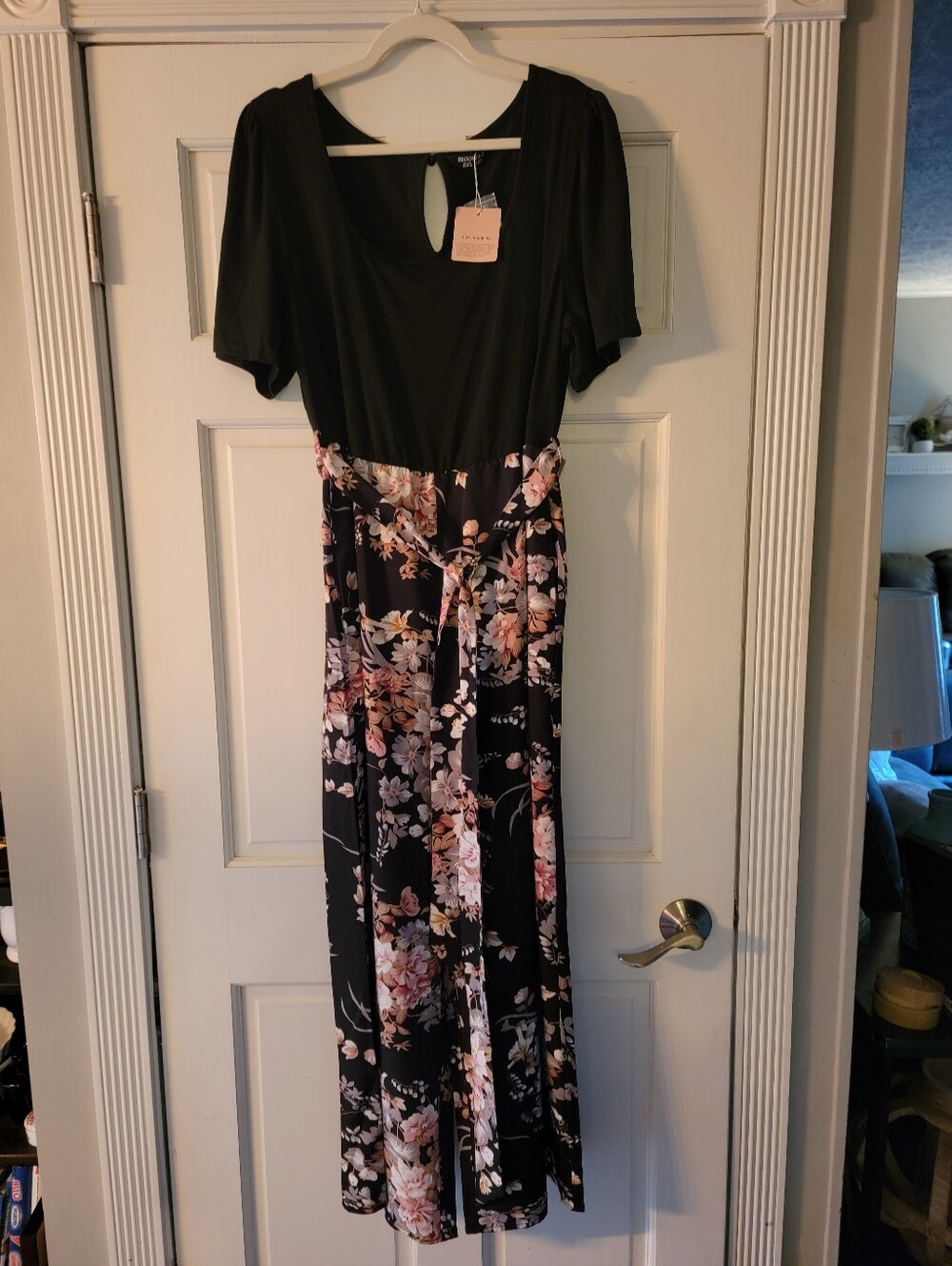 BloomChic Black Floral Midi Jumpsuit with Pink & Cream Accents